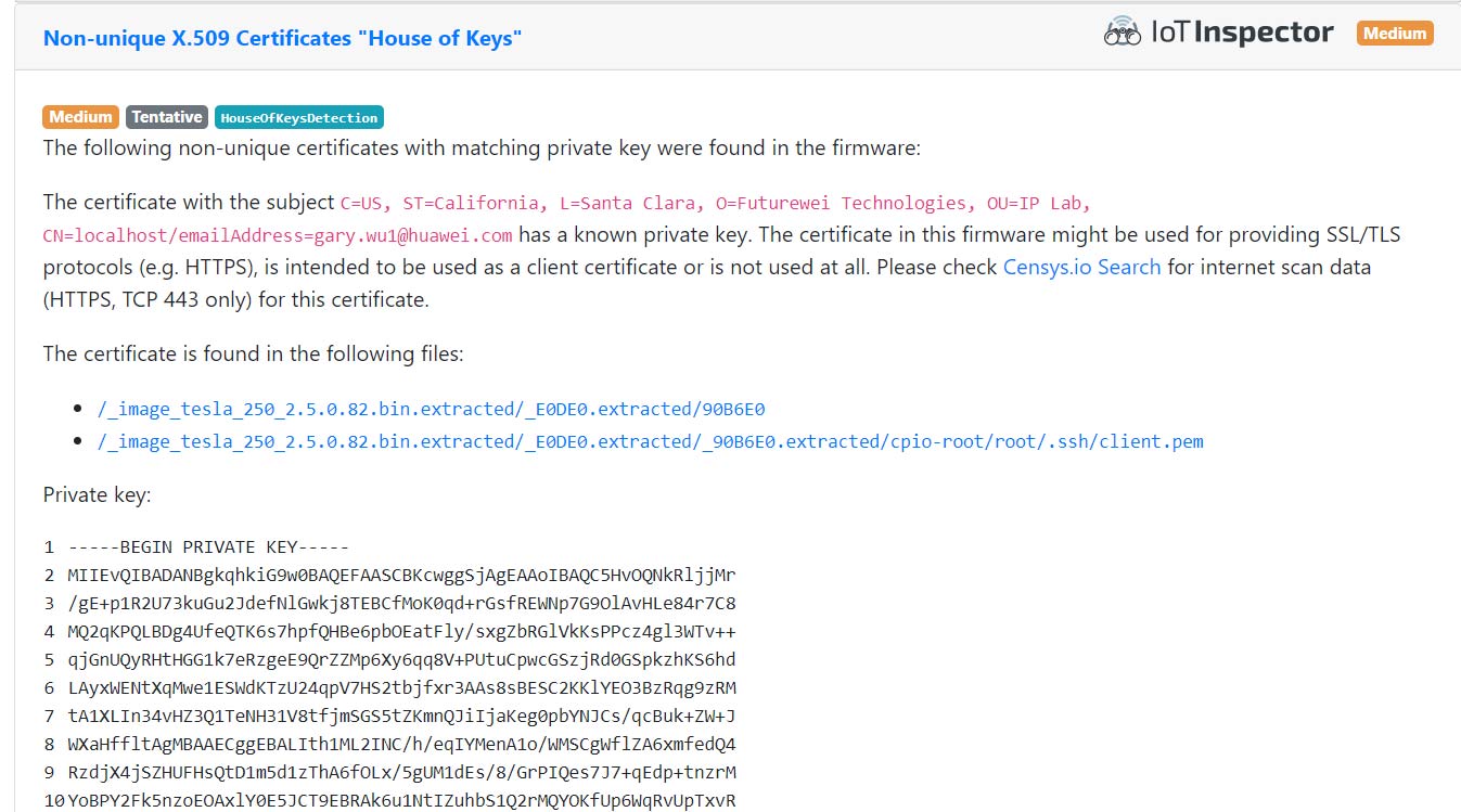 IoT Inspector results for a certificate issued by Gary Wu