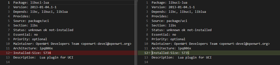 Barely any difference between two opkg control files.